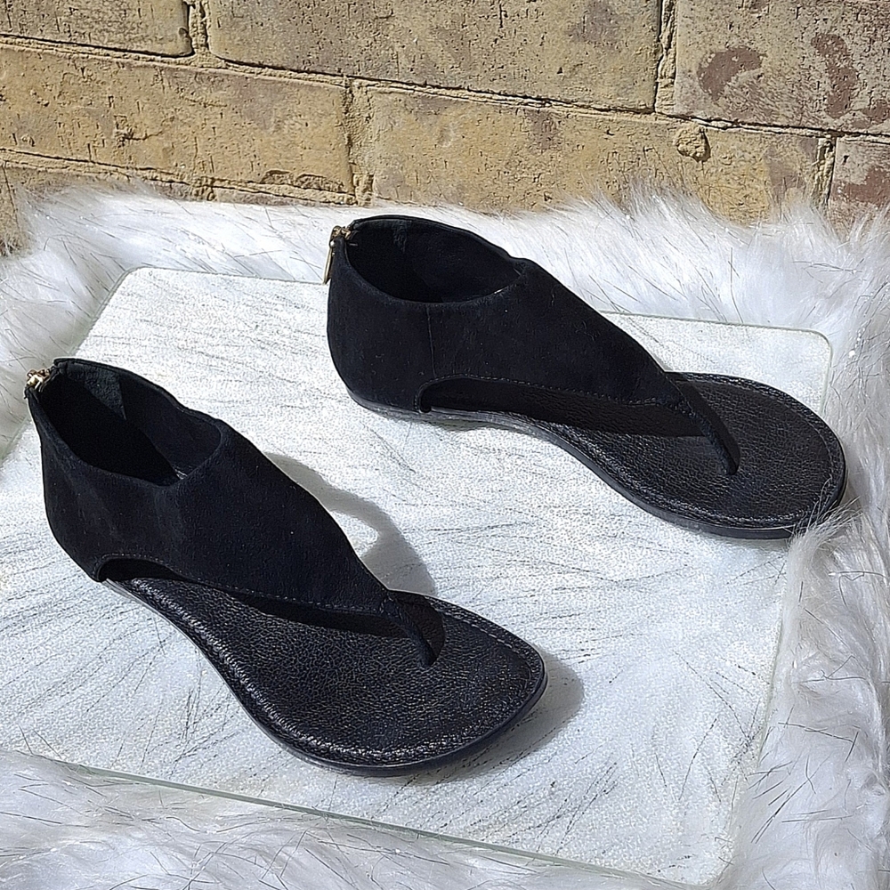 Tory Burch Black Leather Gladiator Heel Zipper Flat Thong Sandals Women Size 7.5 - Picture 16 of 16